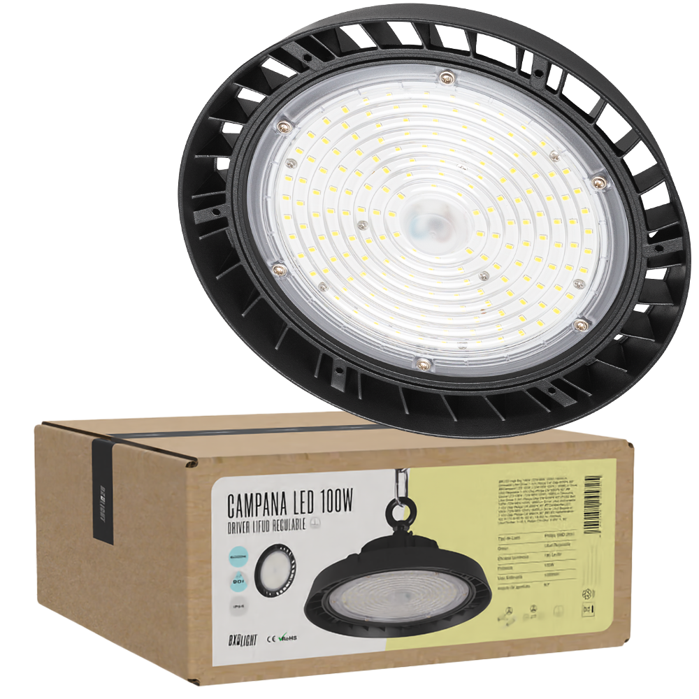 Campainha LED 100W (72W-96W-120W) 18000Lm Driver Lifud Regulável 1-10V Chip Philips CW 6000ºK 90º