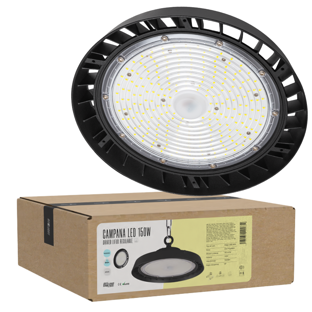 Campainha LED 150W (90W-120W-150W) 27000Lm Driver Lifud Regulável 1-10V Chip Philips CW 6000ºK 90º