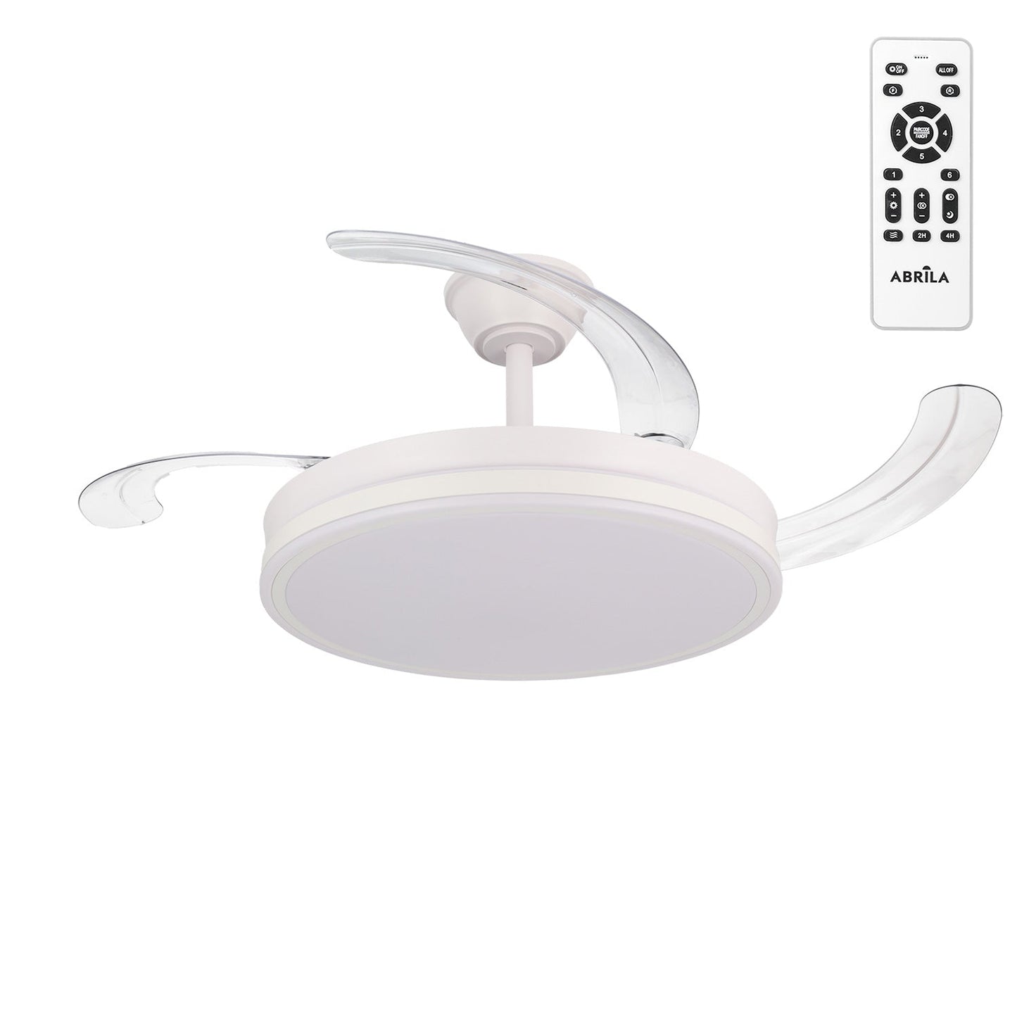 Ventilador de 4 pás branco, 59 W, 6980 lm, dobrável, 34,5/42 x 50/Ø107, 3 cores. Controle remoto + dimmer.