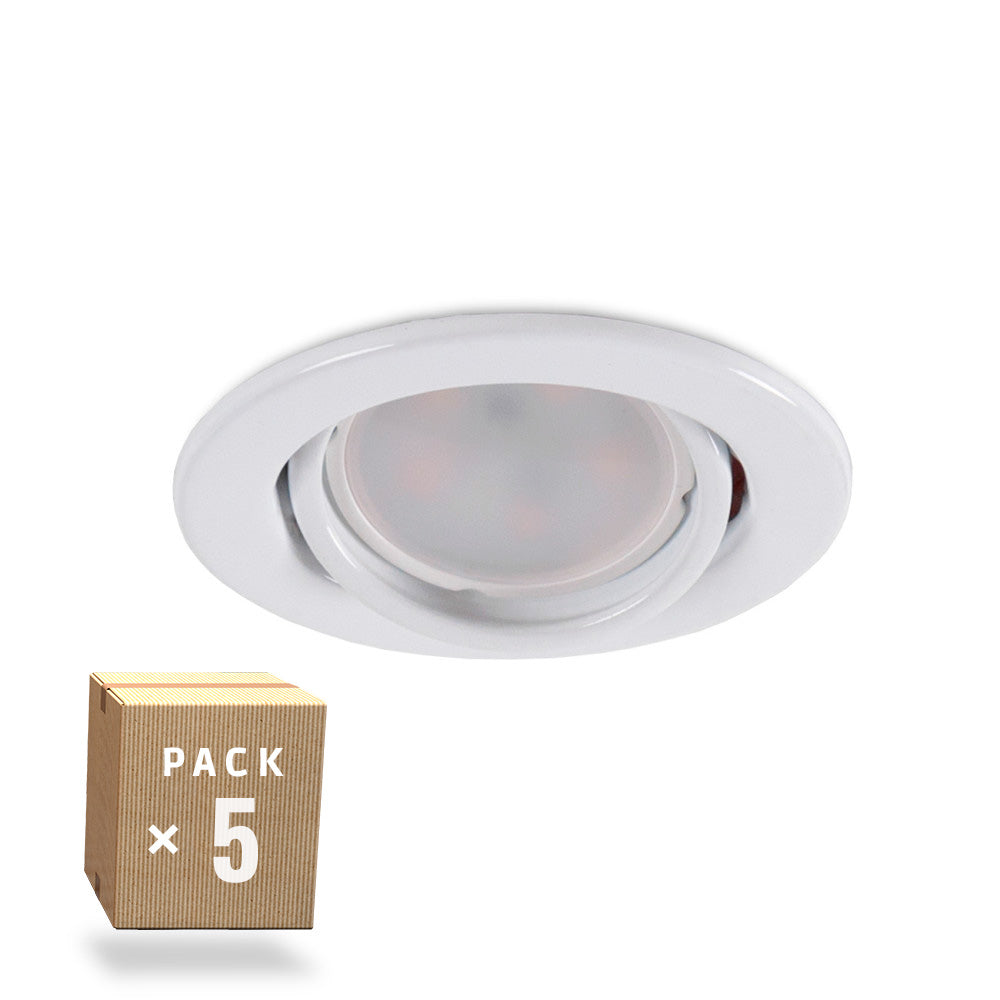 Pack de 5 Lâmpadas LED GU10 6W 500Lm 6000ºK 40.000H - Downlight Redondo Inclinável Anel "Vepa" Aço 90mm - Branco
