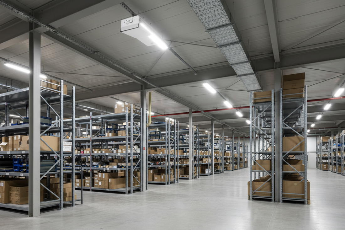 Armadura LED industrial instalada no teto de armazém moderno com iluminação branca uniforme sobre estantes de armazenamento
