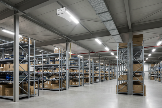 Armadura LED industrial instalada no teto de armazém moderno com iluminação branca uniforme sobre estantes de armazenamento