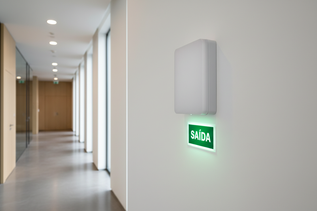 Bloco autónomo de iluminação de emergência LED instalado em corredor de edifício comercial moderno com sinalização de saída verde