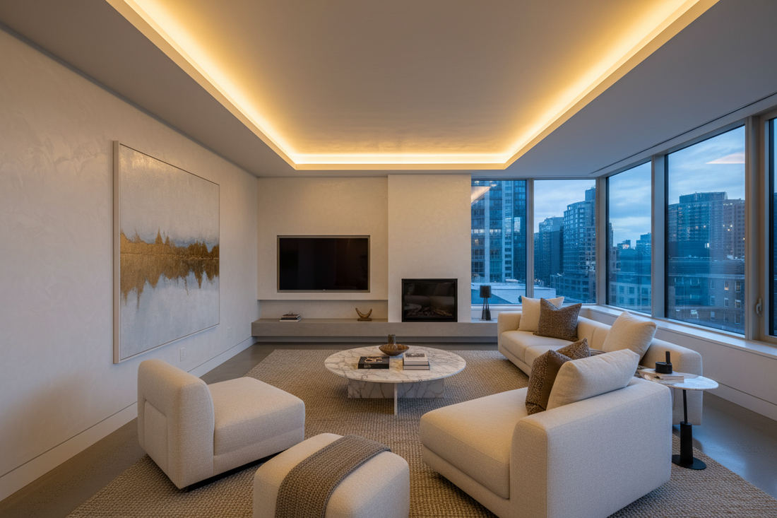 Sala de estar moderna e luxuosa ao entardecer com luz indireta LED em sanca de gesso