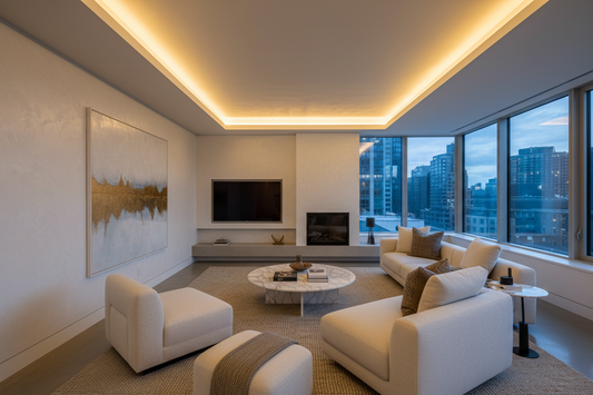 Sala de estar moderna e luxuosa ao entardecer com luz indireta LED em sanca de gesso
