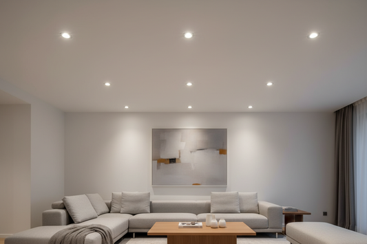 Teto moderno com downlights LED encastrados a iluminar uma sala de estar com luz branca quente