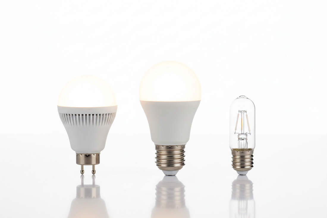 Comparação de casquilhos LED: GU10, E27 e E14 lado a lado
