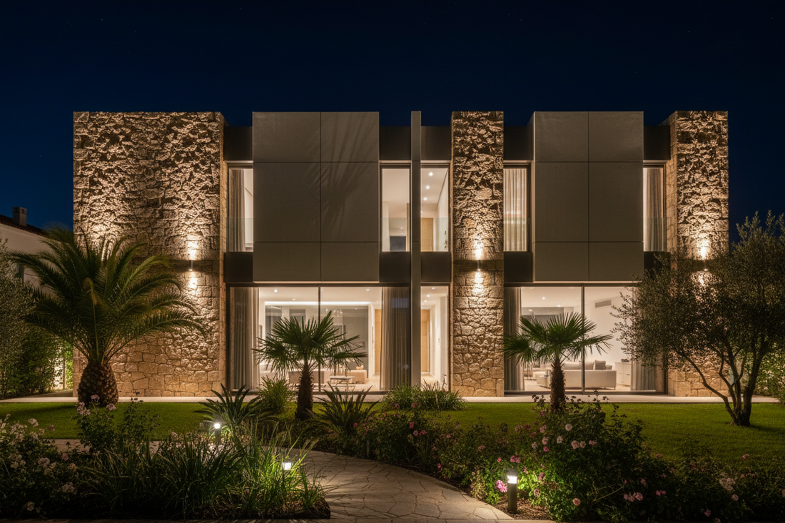 Fachada de edifício residencial iluminada à noite com projetores LED brancos quentes — iluminação arquitetural premium