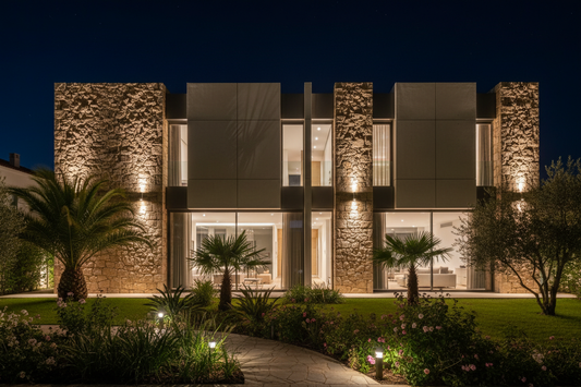 Fachada de edifício residencial iluminada à noite com projetores LED brancos quentes — iluminação arquitetural premium