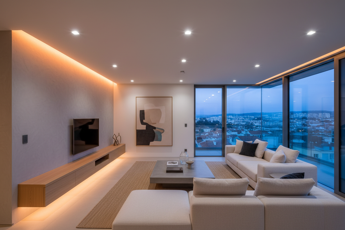 Sala moderna com iluminação LED em camadas — downlights, fita LED e luz ambiente