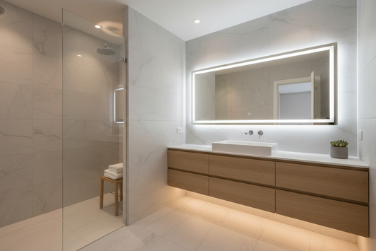 Casa de banho moderna com iluminação LED embutida IP44, fita LED sob móvel de lavatório e iluminação de espelho