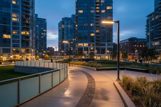 Luminária de iluminação pública LED em caminho pedonal urbano ao entardecer