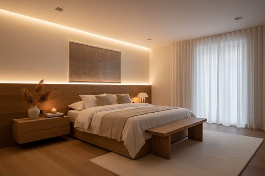 Quarto moderno com iluminação LED em camadas — downlights regulados a baixa intensidade e fita LED atrás da cabeceira em luz quente 3000K — Luzinterior