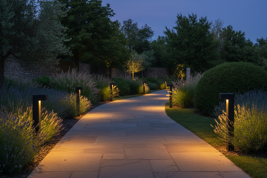 iluminação solar LED em jardim exterior ao entardecer com luz ambiente quente