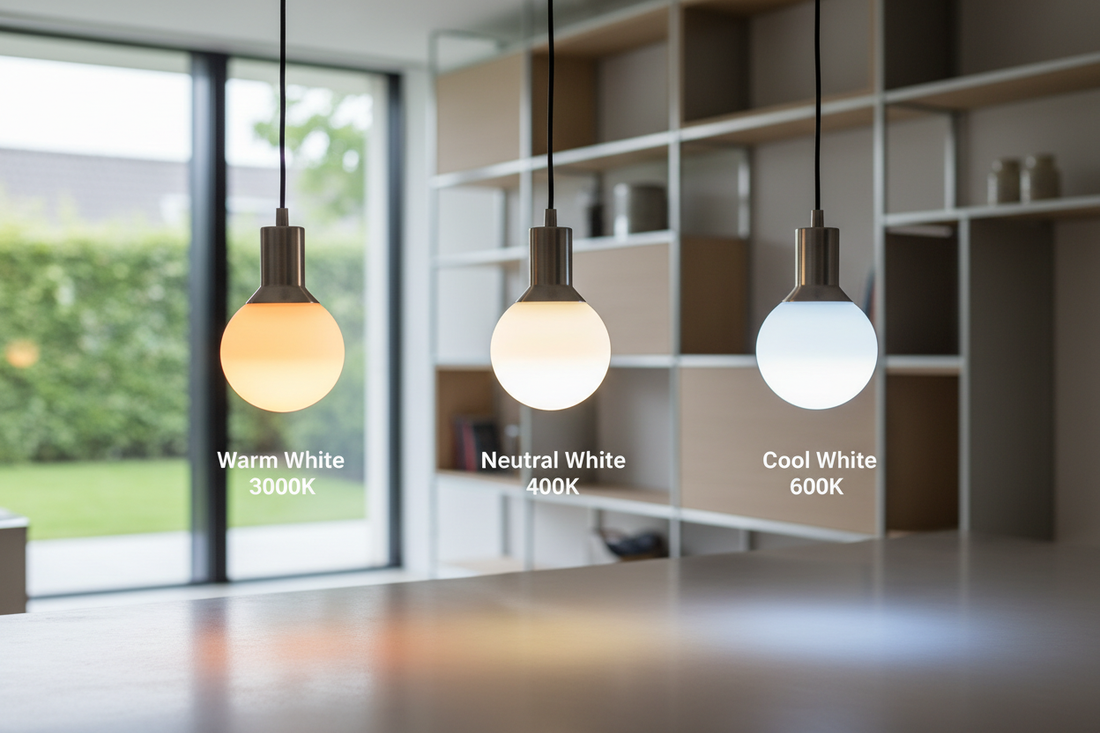 Comparação de temperatura de cor LED: 3000K luz quente, 4000K luz neutra e 6000K luz fria