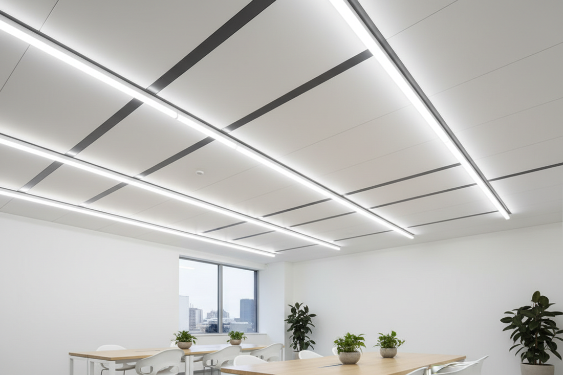 Tubos LED T8 instalados em teto de escritório moderno com luz branca eficiente