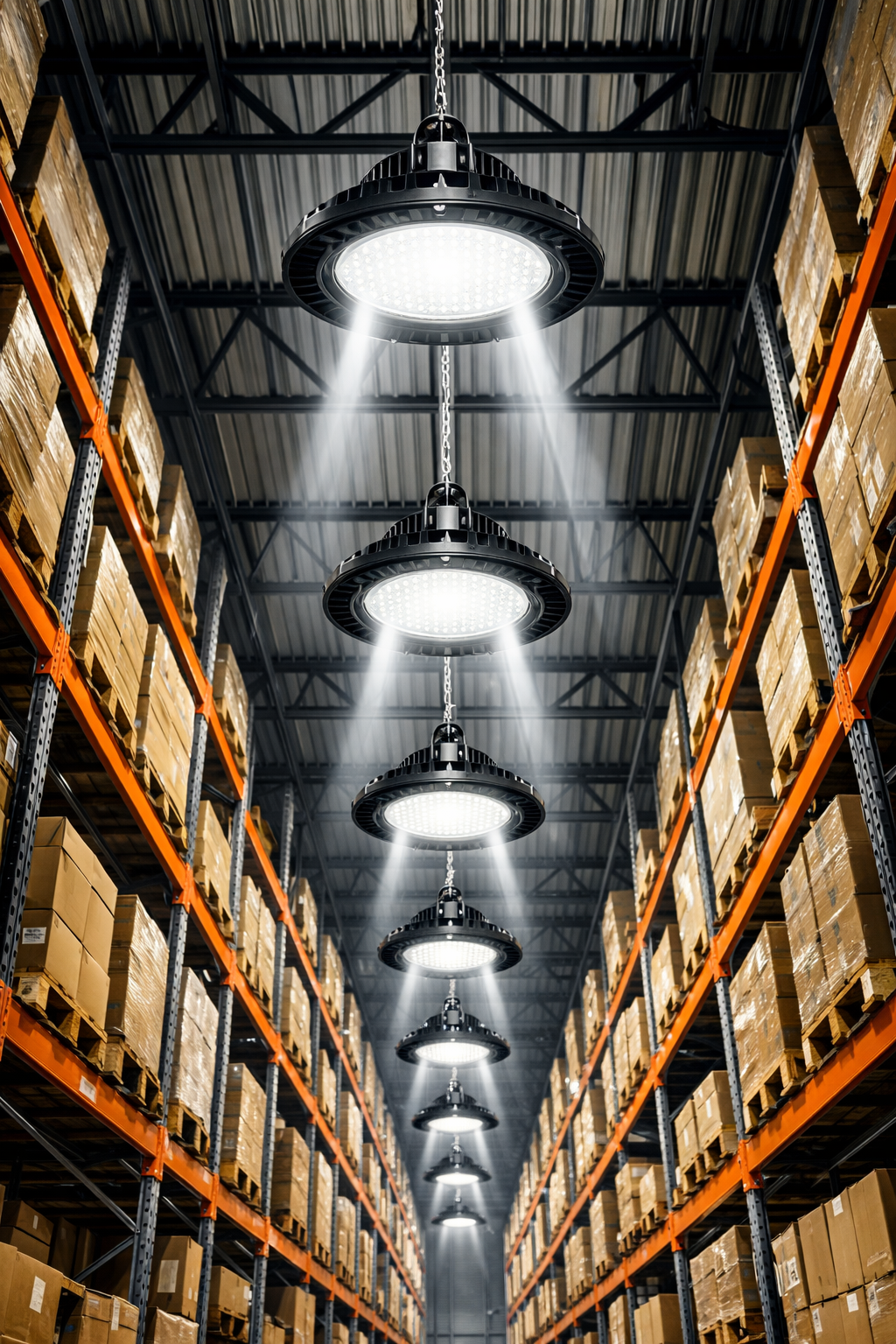 Campânulas LED UFO High Bay instaladas em armazém industrial de pé-direito alto com estantes de logística