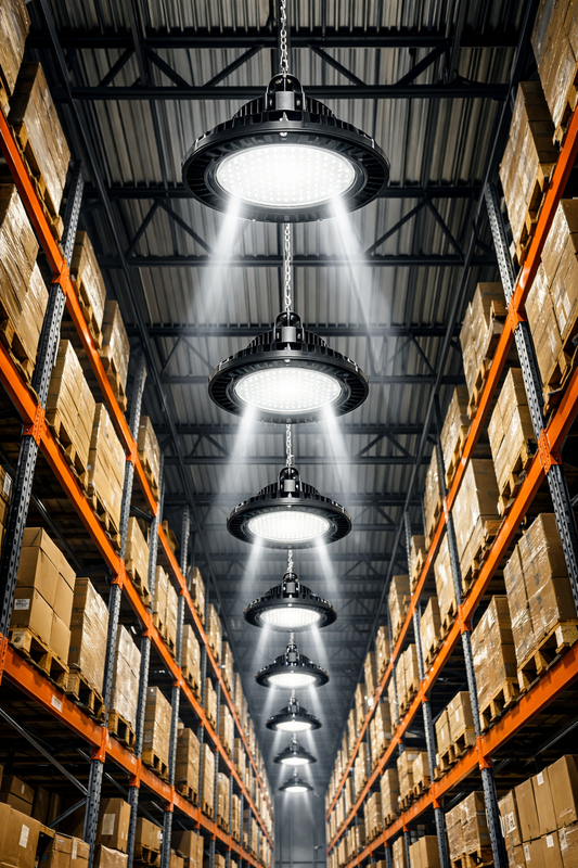 Campânulas LED UFO High Bay instaladas em armazém industrial de pé-direito alto com estantes de logística