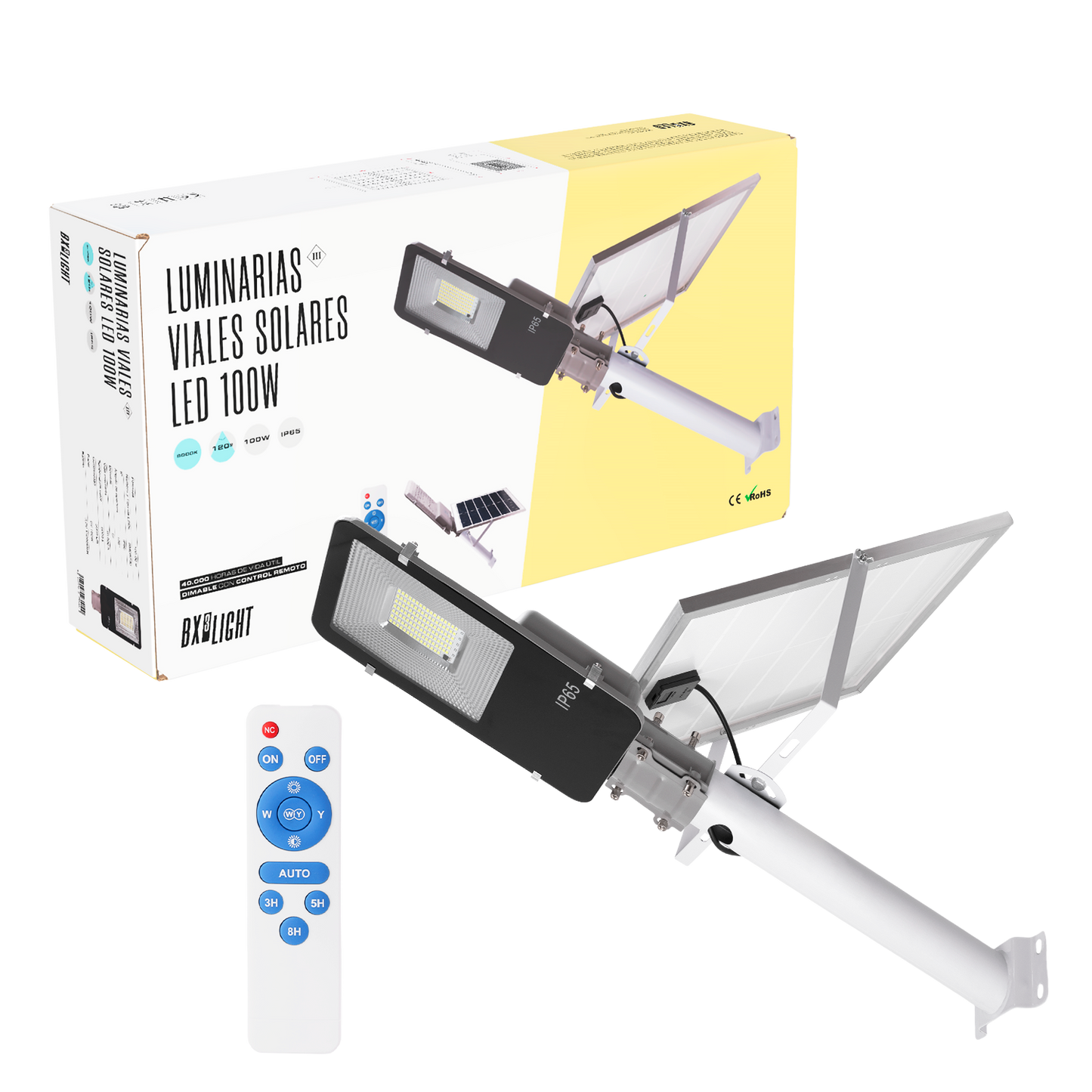 Luz de rua solar LED - controle remoto - regulável - painel: 6V 100W Bateria: 3,2V 15000MaH [BX3-FAR-SOL-100W-CW]