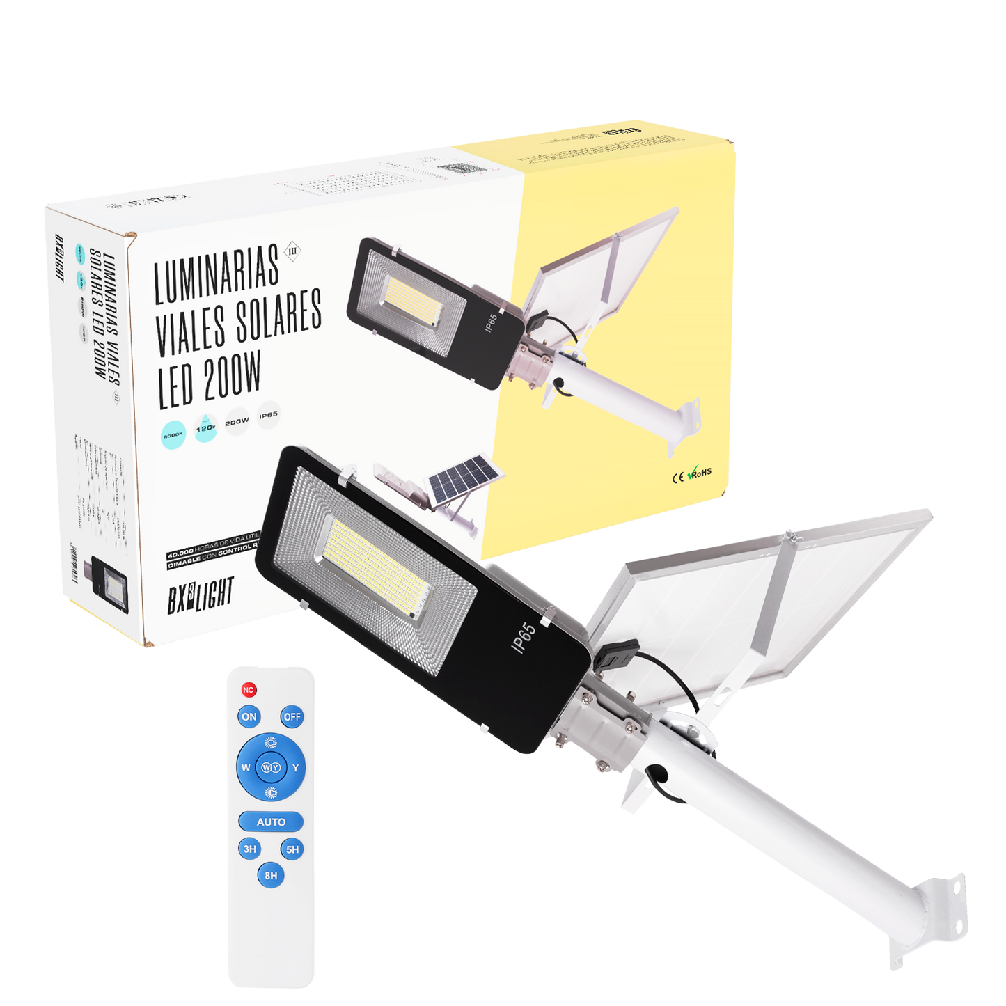 Luz de rua solar LED - controle remoto - regulável - painel: 6V 200W Bateria: 3,2V 20000MaH [BX3-FAR-SOL-200W-CW]