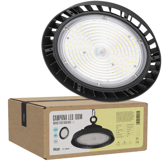 Campainha LED 100W (72W-96W-120W) 18000Lm Driver Lifud Regulável 1-10V Chip Philips CW 6000ºK 90º