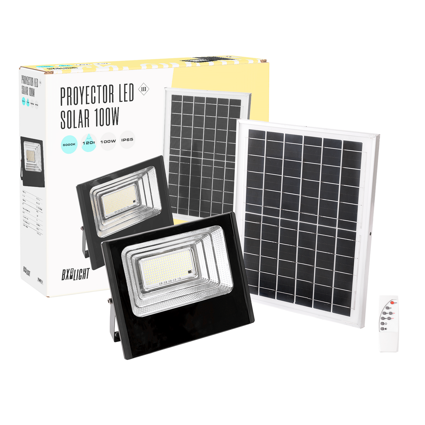 Projetor Solar LED 100W 6500K Painel: 6V/12W Bateria: 3,2V/8000MaH Controle Remoto [BX3-SOLARFL-100W-01]