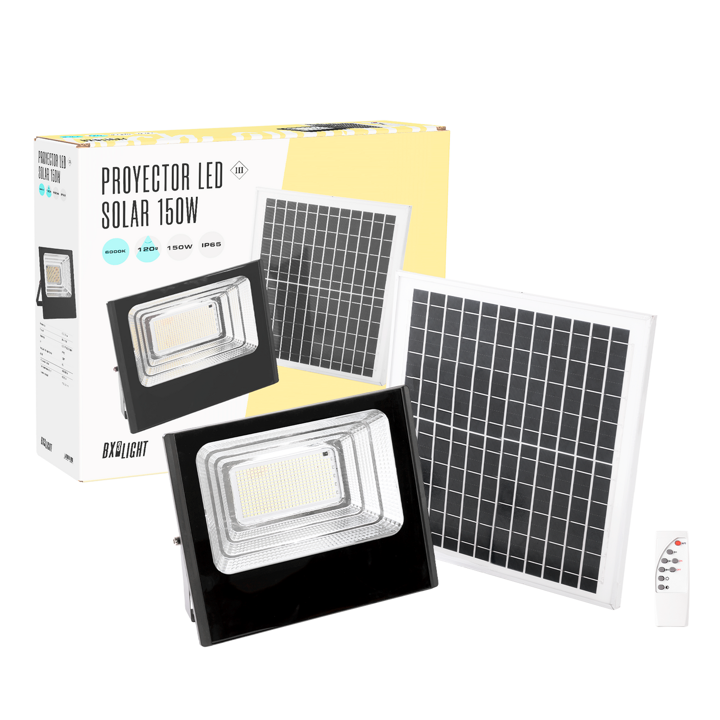 Projetor Solar LED 150W 6500K Painel: 6V/15W Bateria: 3,2V/10000MaH Controle Remoto [BX3-SOLARFL-150W-01]