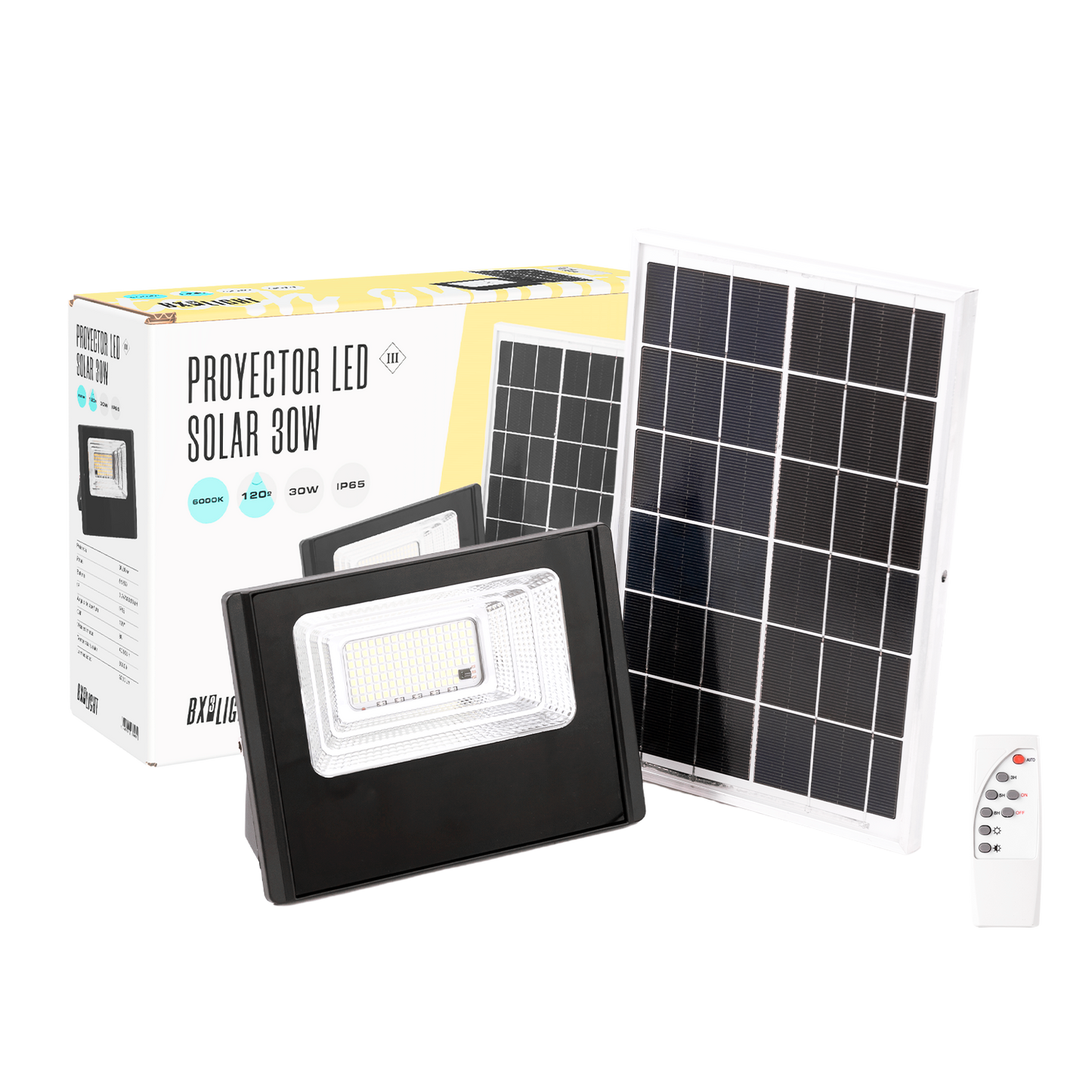 Projetor Solar LED 30W 6500K Painel: 6V/6W Bateria: 3,2V/3000MaH Controle Remoto [BX3-SOLARFL-30W-01]