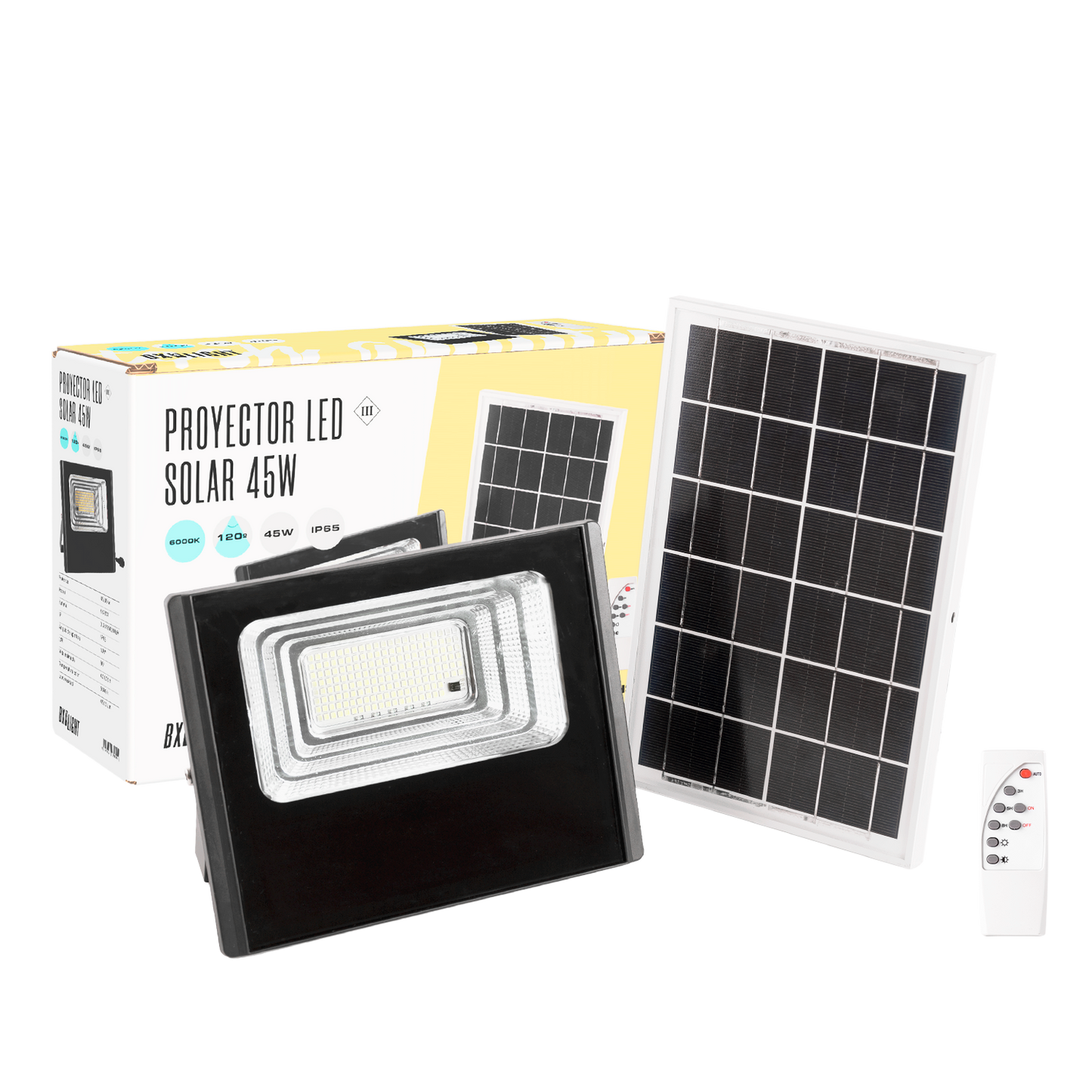 Holofote LED solar 45W 6500K Painel: 6V/6W Bateria: 3,2V/3000MaH Controle remoto [BX3-SOLARFL-45W-01]