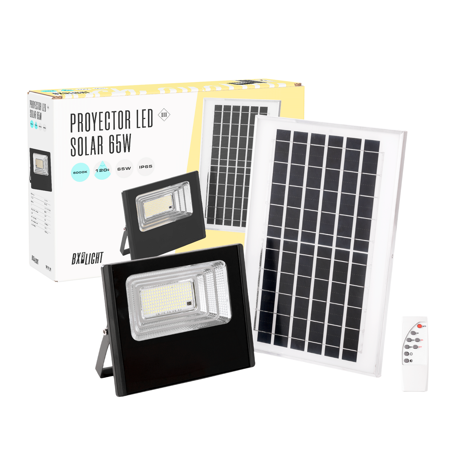 Projetor Solar LED 65W 6500K Painel: 6V/8W Bateria: 3,2V/5000MaH Controle Remoto [BX3-SOLARFL-65W-01]