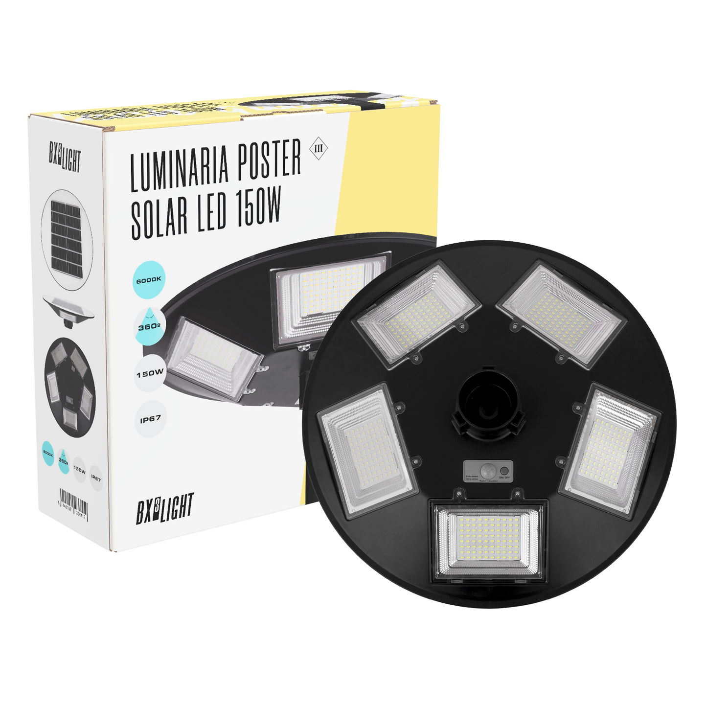 Luminária Solar LED 150W 4000Lm 6000ºK IP67 Painel: 6V 18W Bateria: 3,2V 15000MaH [BX3-SOLARSTSMD150WCW]