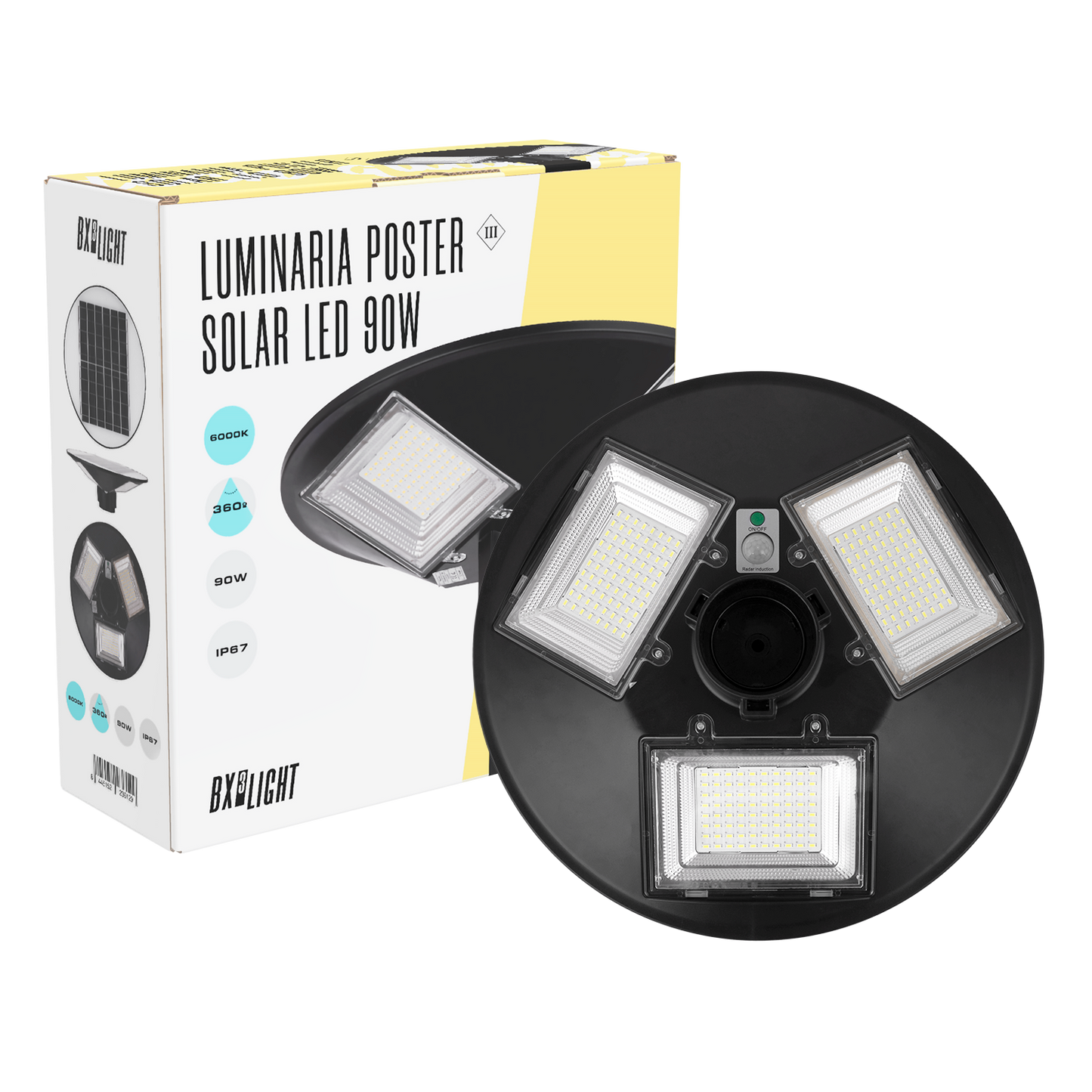 Luminária Solar LED 90W 2000Lm 6000ºK IP67 Painel: 6V 18W Bateria: 3,2V 15000MaH [BX3-SOLARSTSMD90W-CW]