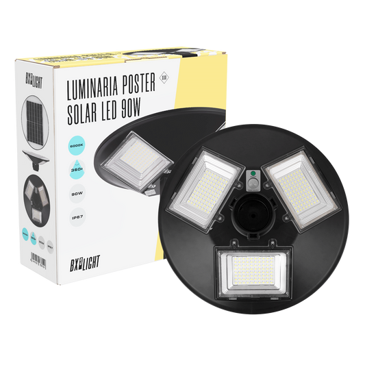 Luminária Solar LED 90W 2000Lm 6000ºK IP67 Painel: 6V 18W Bateria: 3,2V 15000MaH [BX3-SOLARSTSMD90W-CW]