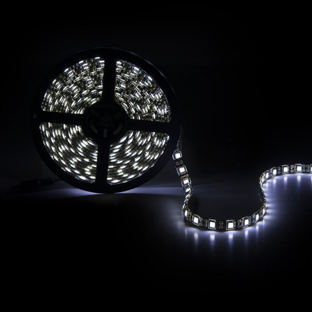 Faixa de 300 LEDs 72W 4.200Lm CRI85 6000ºK SMD5050 12VDC IP65 Preto Pcb x5M 40.000H [CA-5050-300-IP65-B-CW]-Branco Frio