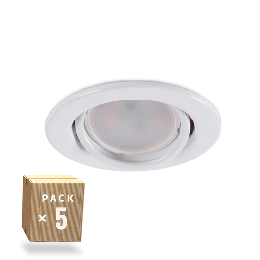 Pack de 5 Lâmpadas LED GU10 6W 500Lm 6000ºK 40.000H - Downlight Redondo Inclinável Anel "Vepa" Aço 90mm - Branco