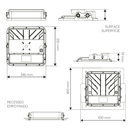 Projetor LED ATEX 100W 120º IP66 Superfície ou Embutir Postos de Combustível Lumileds 16000lm 5700K