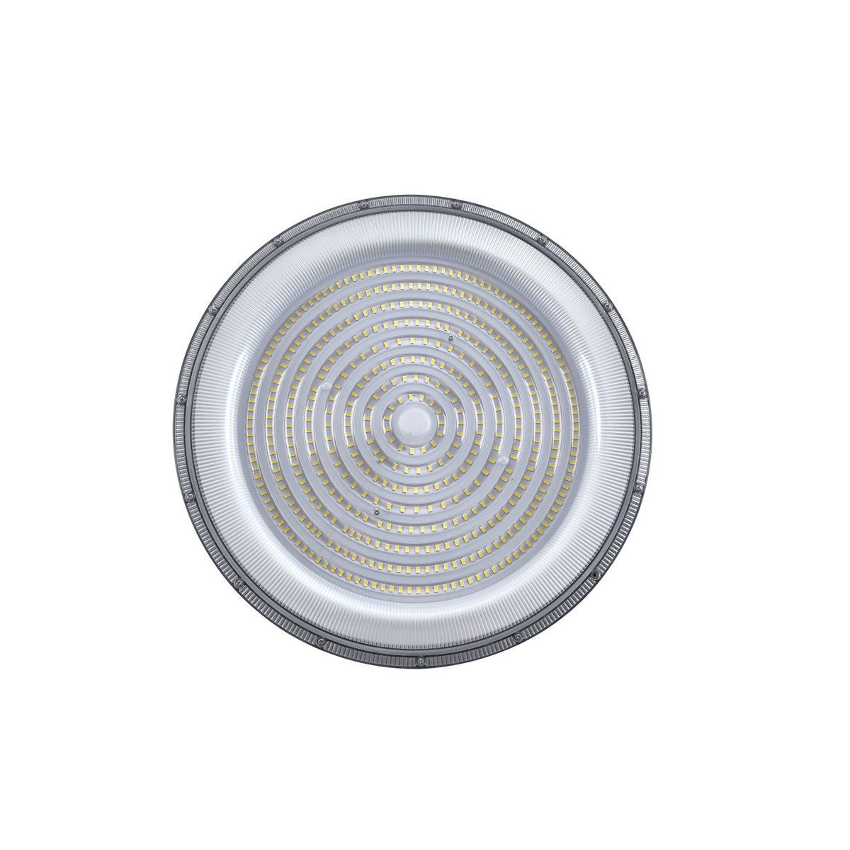 Campânula LED UFO 100W SLIM — vista frontal com LEDs SMD 2835 visíveis