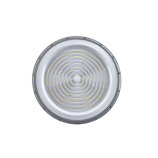 Campânula LED UFO 100W SLIM — vista frontal com LEDs SMD 2835 visíveis