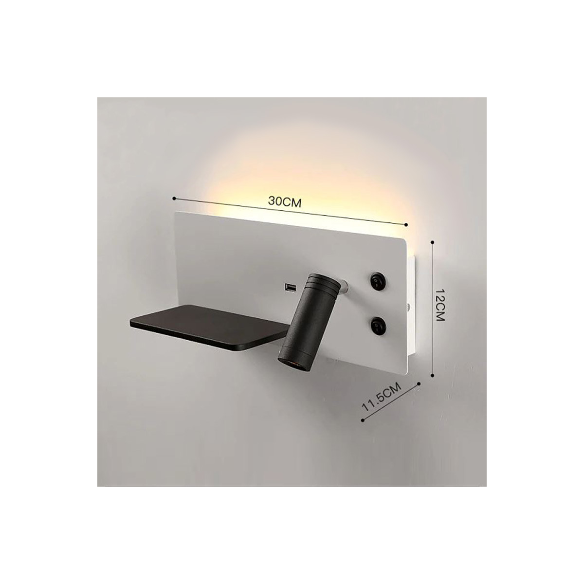 Aplique LED de Parede 7+3W com Porta USB e Prateleira | Luz Quente
