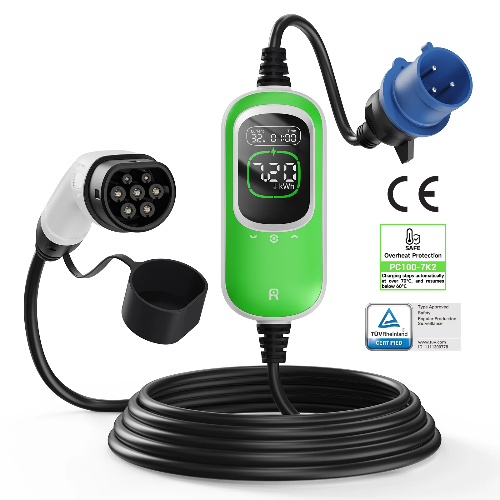 Carregador Portátil VE 7,2kW Monofásico RHEIDON TECH Tipo 2 CEE32A IP65 Display HD 6-32A Ajustável