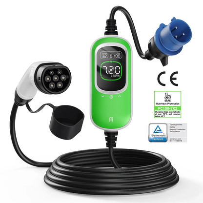 Carregador Portátil VE 7,2kW Monofásico RHEIDON TECH Tipo 2 CEE32A IP65 Display HD 6-32A Ajustável