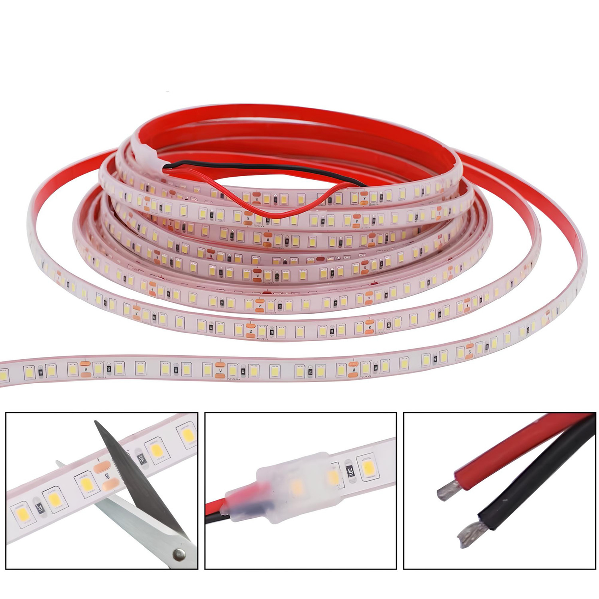 Fita LED 24V SMD cortável com cabo de ligação — detalhe de instalação