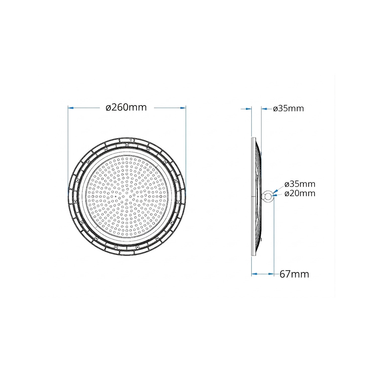 Dimensões técnicas da Campânula LED UFO 100W SLIM — Ø260mm × 67mm