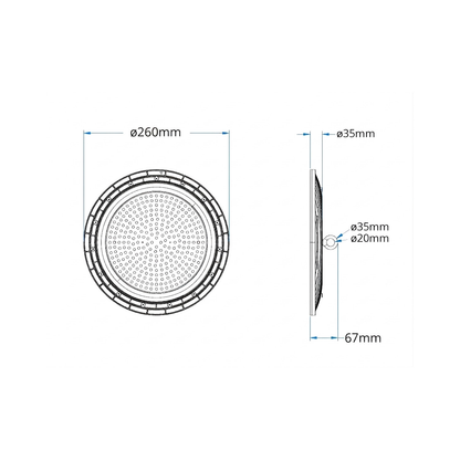 Dimensões técnicas da Campânula LED UFO 100W SLIM — Ø260mm × 67mm