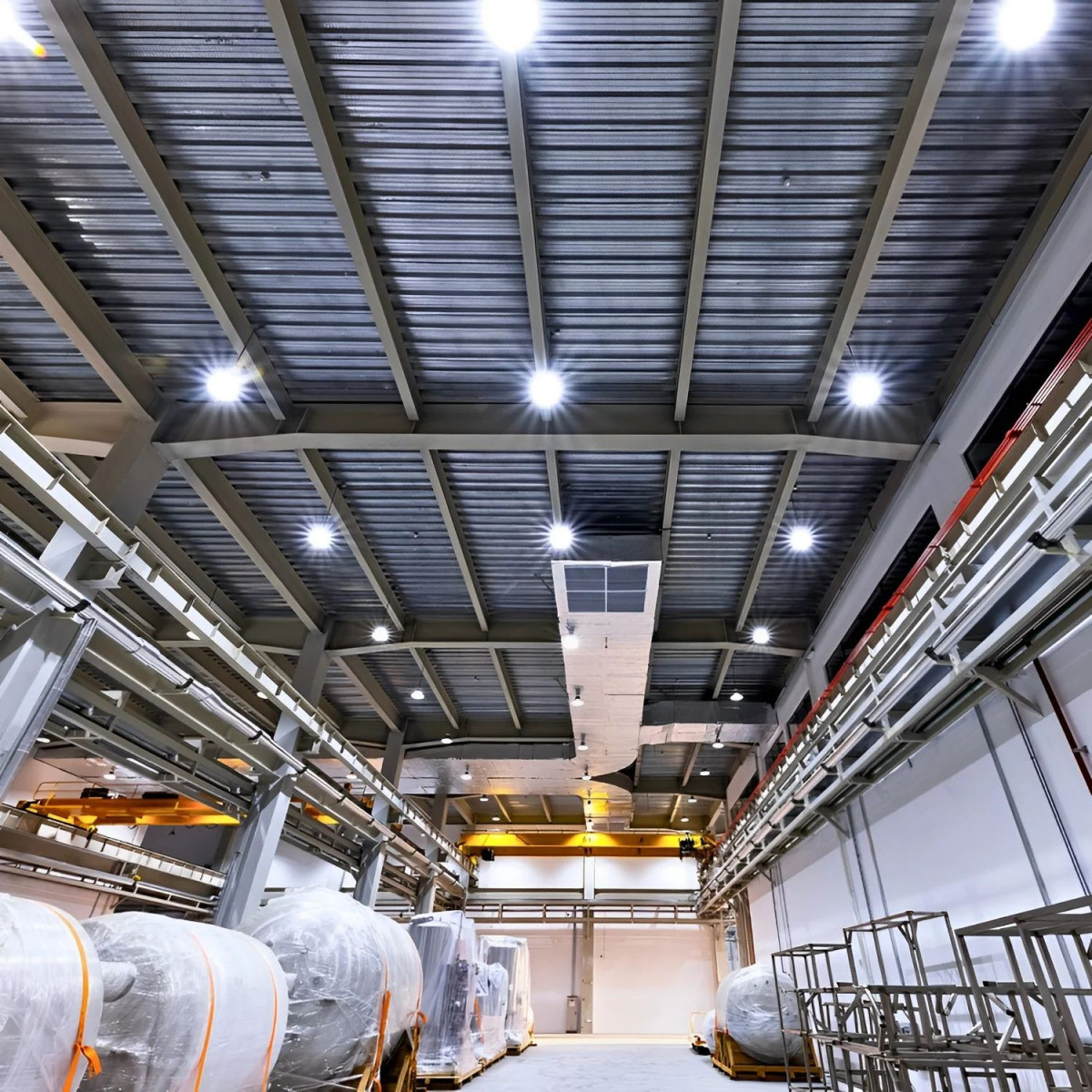 Campânulas LED UFO 100W instaladas em armazém industrial — iluminação uniforme e intensa