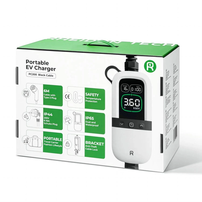 Carregador Portátil para Carro Elétrico 3.6kW 6-16A Ajustável | Cabo 6m 