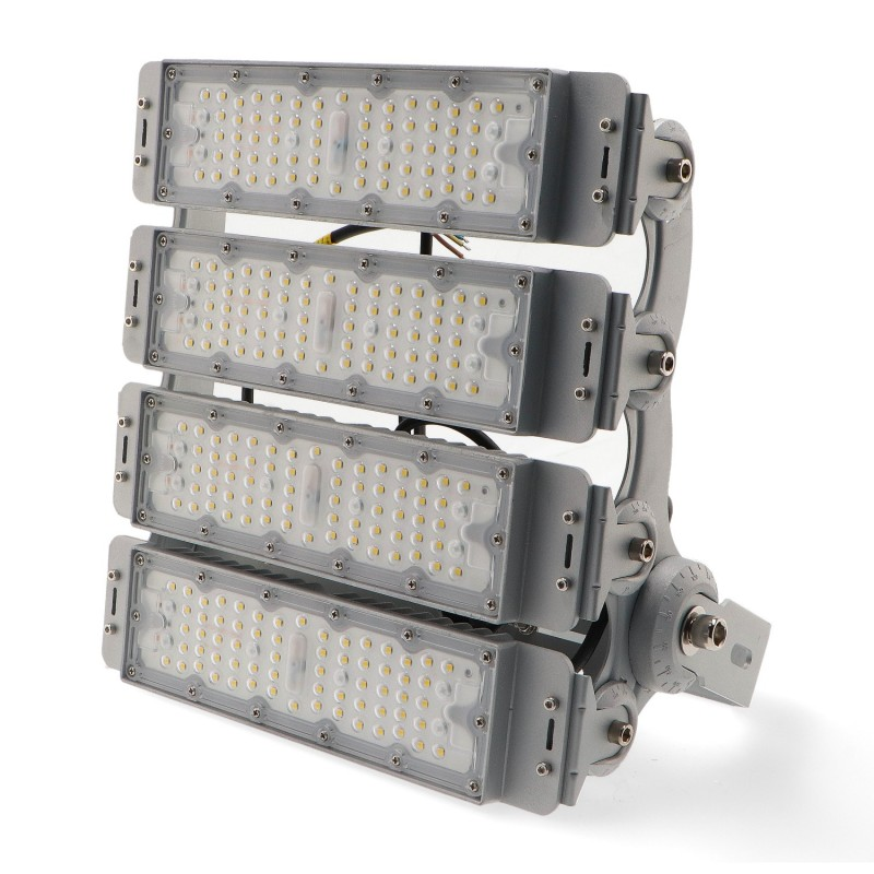 Projetor Modular LED Premium 200W cinza com quatro módulos LED - vista frontal